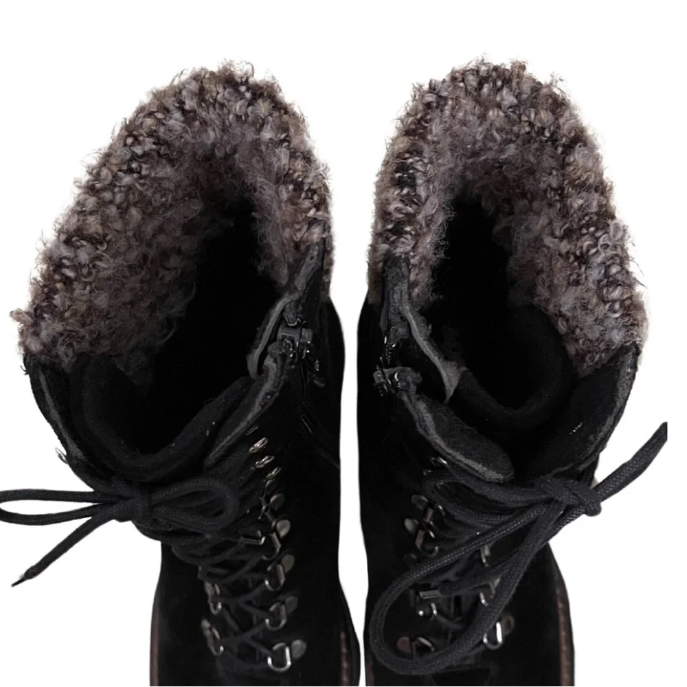 Aquatalia black suede, Lace Up, lug sole booties Moto Combat bouclé lined - Picture 8 of 12